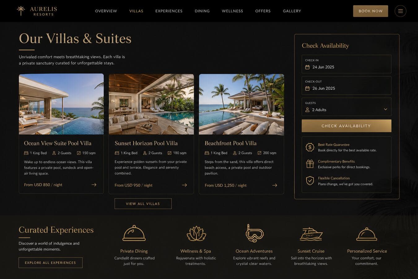 Serenity Cove villas and booking section