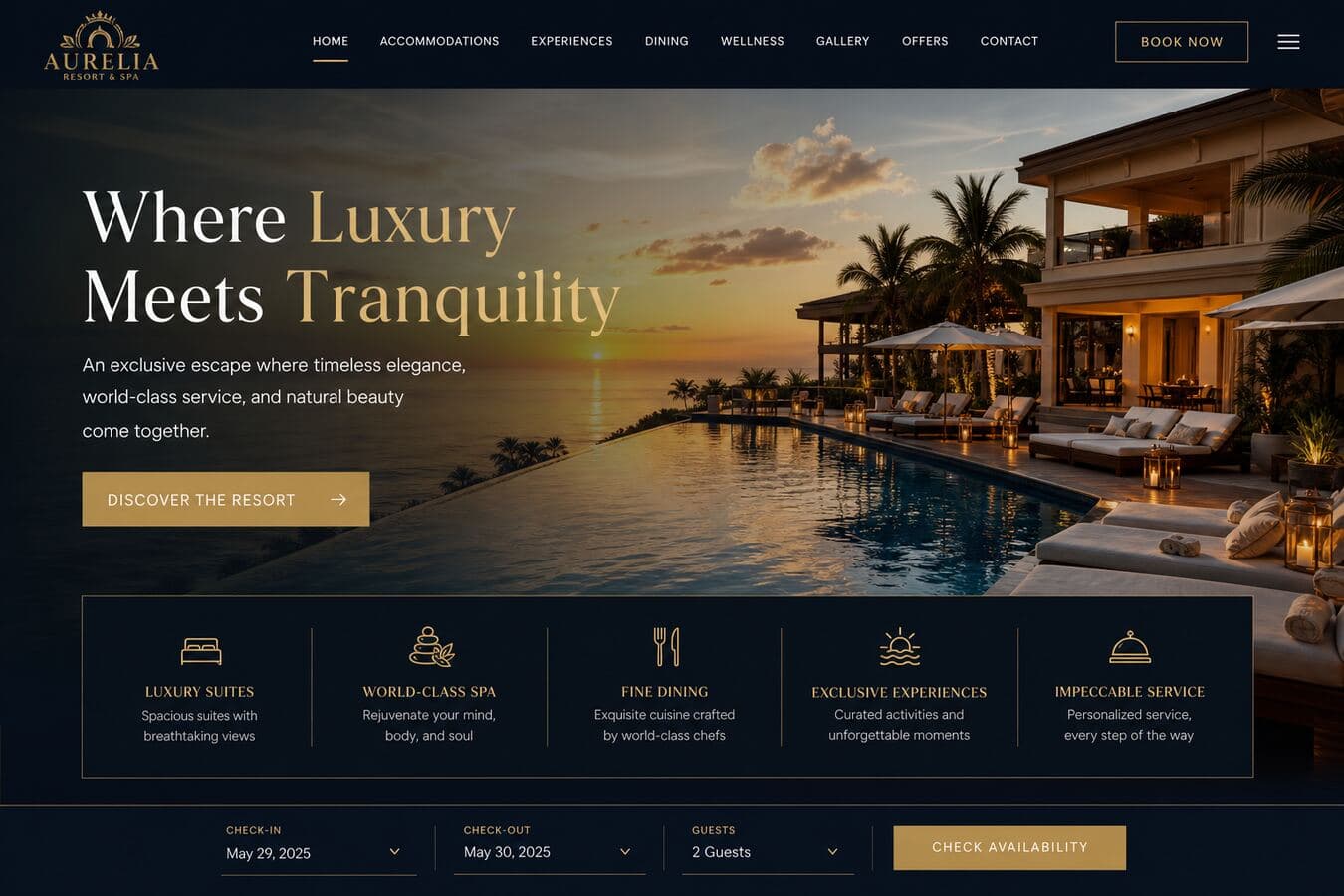 Serenity Cove luxury resort website hero